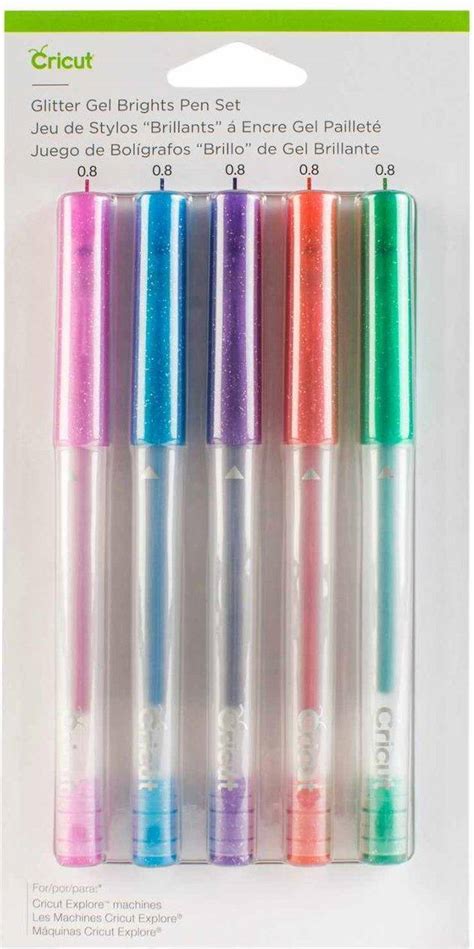 Cricut Explore + Maker Medium Point Gel Pen Set 5-pack (Glitter Brights); 0.8mm pens in Red, Green, Pink, Violet, Blue; Add an extra-special touch to written or drawn projects with glamorous glitter gel; Ideal for vibrant event invitations, decorations for birthday bashes, or adding a "handwritten" message to any project; For all Cricut Explore® and Cricut Maker® machines (Cricut Explore One™ requires the Accessory Adapter, sold separately)